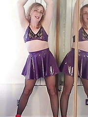 Purple Shiny PVC Skirt and Bra. Essex Girl Lisa.